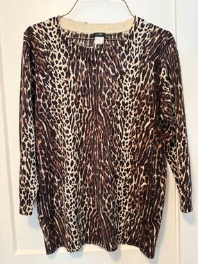 J. Crew Women's Brown and Cream Leopard Print 3/4 Sleeve Merino Wool Top